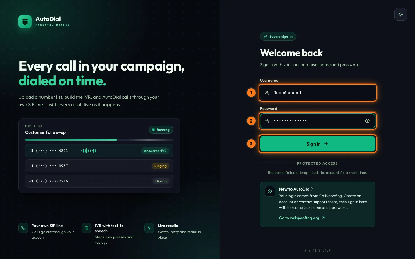AutoDial sign-in page with username, password and Sign in button highlighted