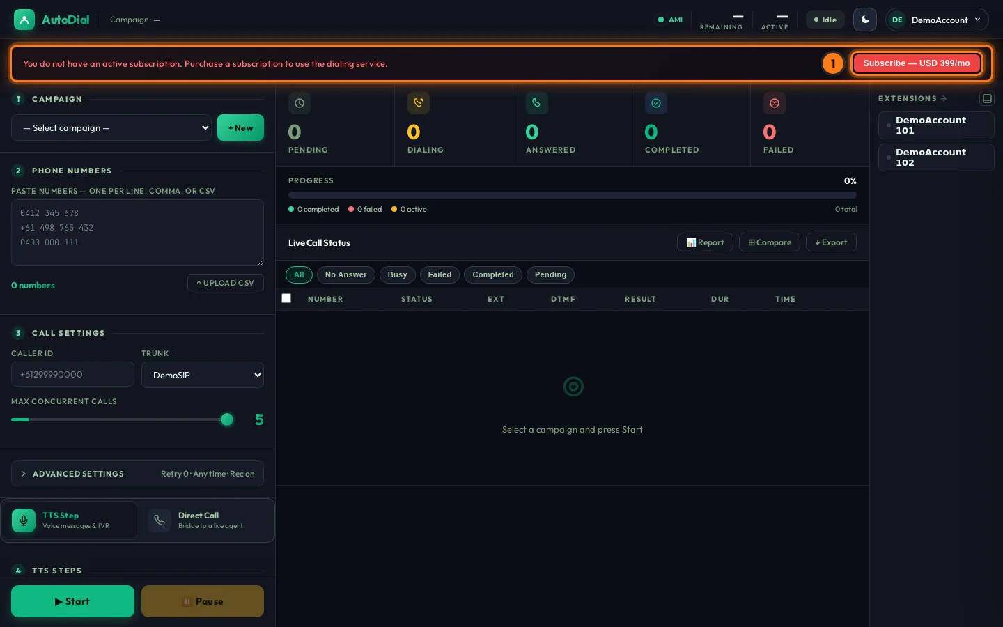 Dashboard without a subscription: red banner and Subscribe button