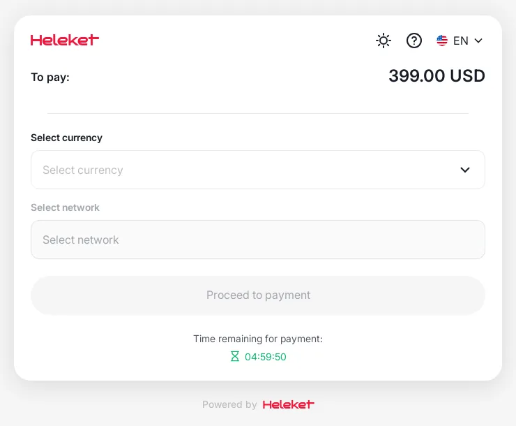 Heleket payment page: choose currency and network