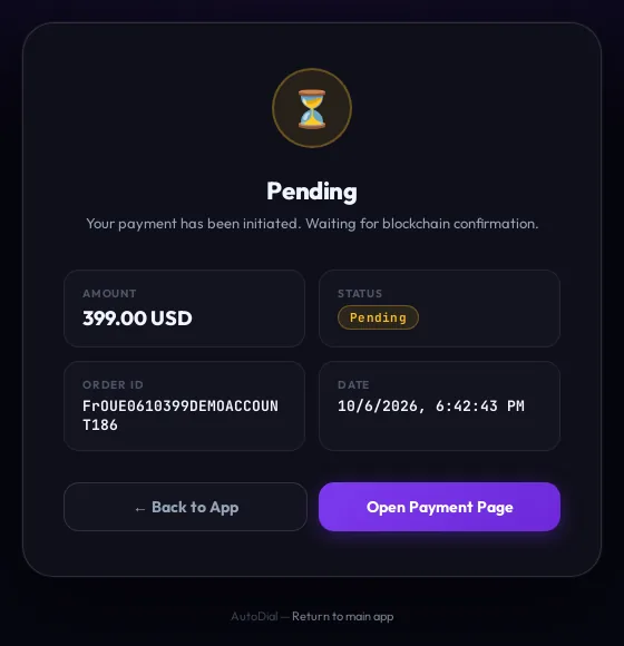 Payment status page showing Pending