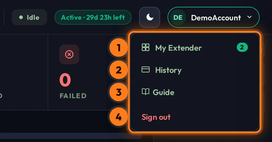 Account menu: My Extender, History, Guide, Sign out
