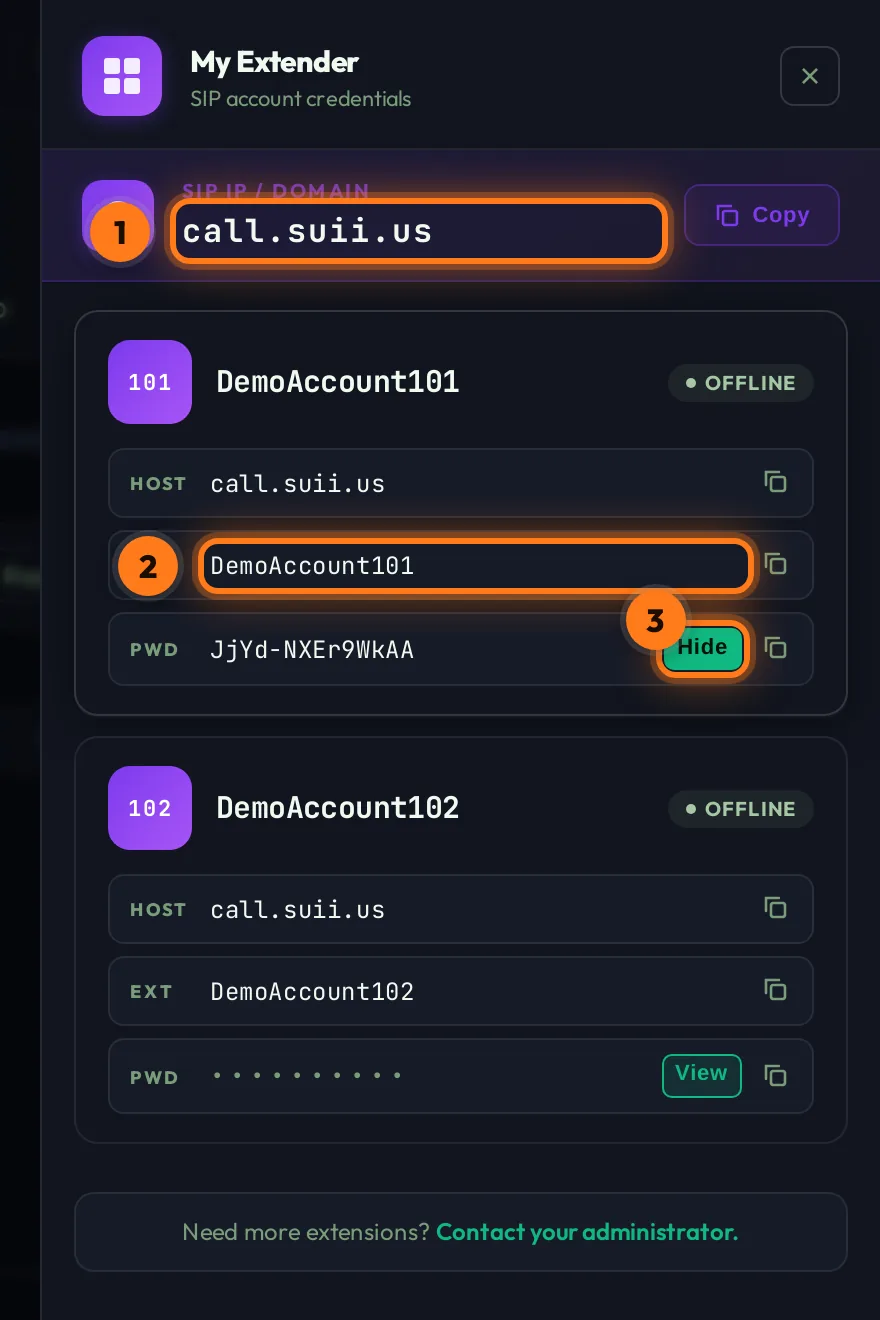 My Extender panel with SIP domain, extension and password