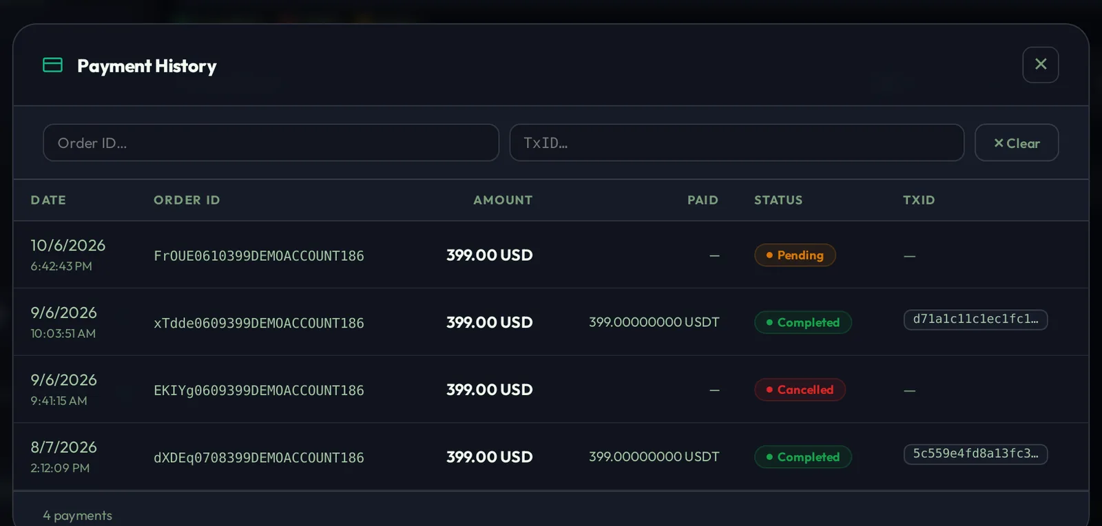 Payment History with completed, cancelled and pending payments