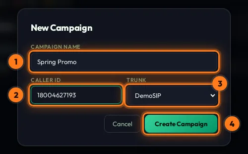 New Campaign dialog with name, caller ID and trunk