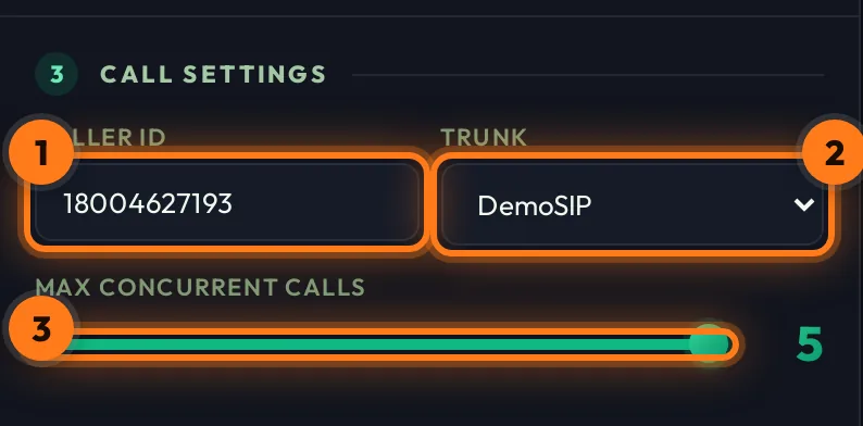 Call settings: caller ID, trunk and max concurrent calls