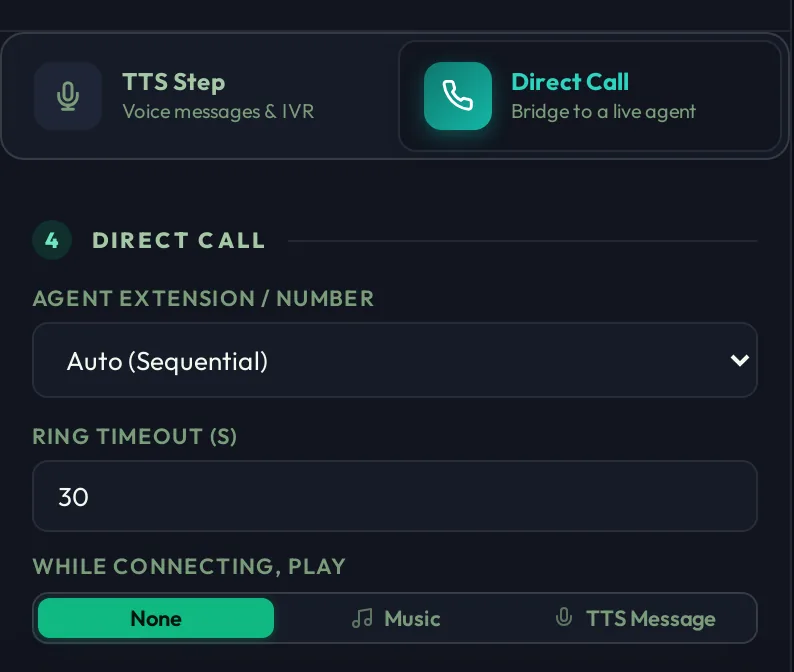 Direct Call settings: agent extension, ring timeout, while connecting play