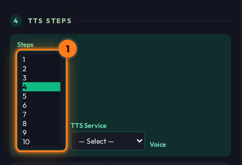Steps selector showing 1 to 10