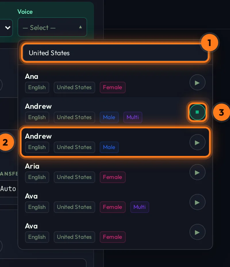 Edge TTS voice picker with search, voice list and play buttons