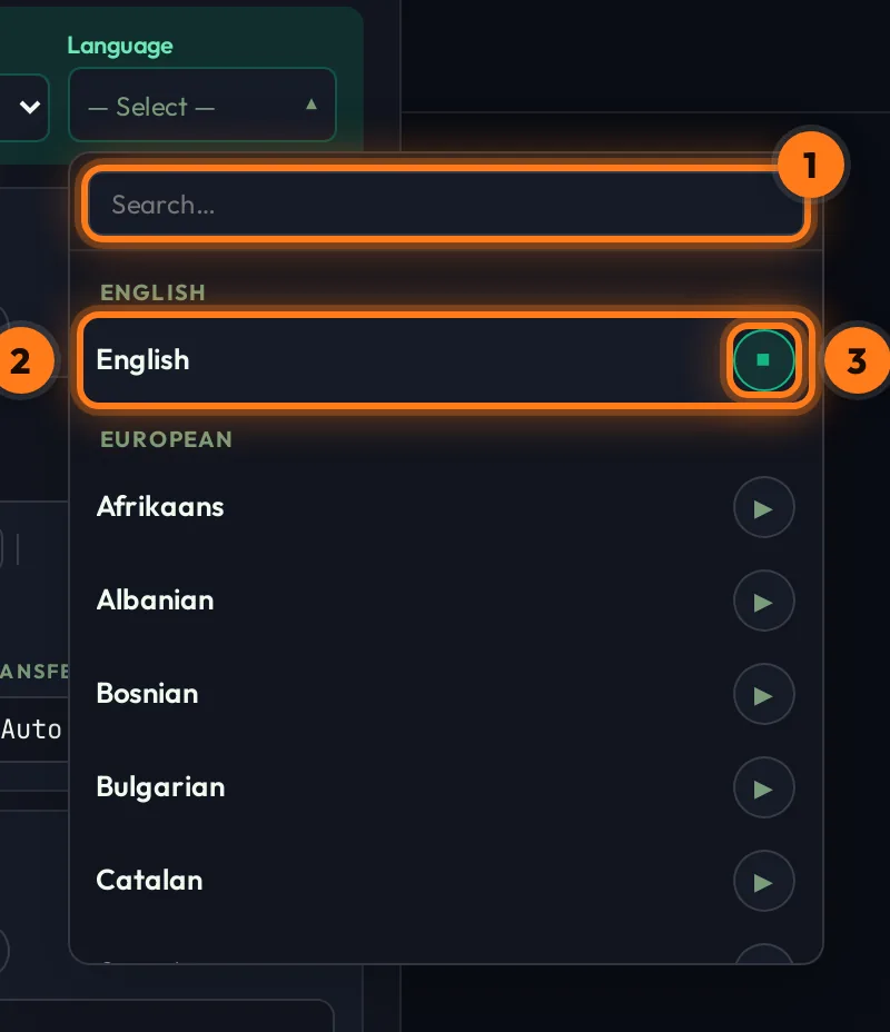 Google TTS language picker with play buttons