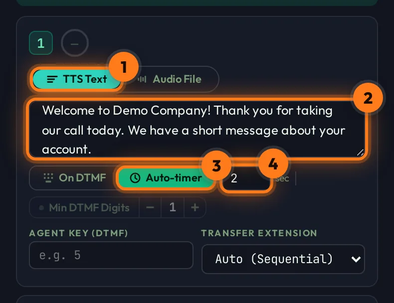 Step 1 with TTS Text, welcome message and Auto-timer 2 seconds