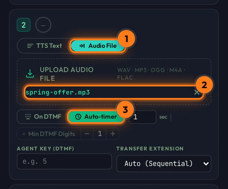Step 2 with Audio File selected and spring-offer.mp3 uploaded