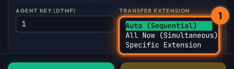 Transfer Extension options: Auto Sequential, All Now Simultaneous, Specific Extension