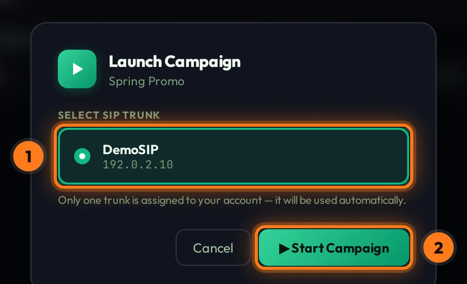 Launch Campaign window with SIP trunk and Start Campaign button
